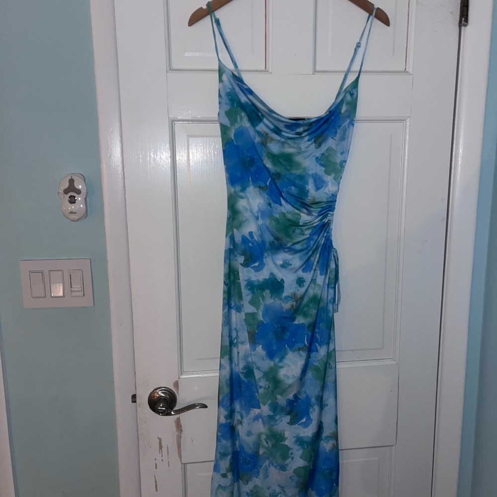 Cowl Neck Backless Blue and Green Women's Dress